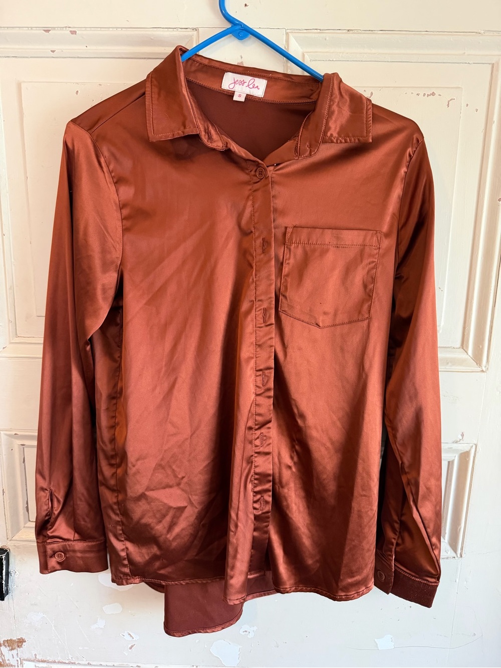 JoyLab Satin Button-Down Shirt in Rust